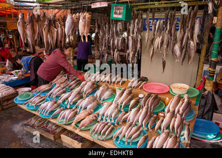 Donna vendita di pesce fresco al Jagalchi mercato del pesce, Busan, della Repubblica della Corea del Sud Foto Stock