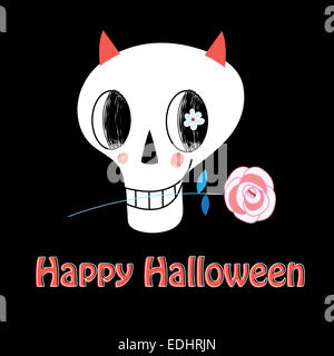 Scheda di halloween con divertenti cranio e una rosa Foto Stock
