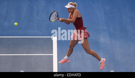 Auckland, Nuova Zelanda. 07Th gen, 2015. ASB WTA classica internazionale. La Danimarca Caroline WOZNIACKI in azione durante il suo secondo giro singles match il giorno 3 presso la ASB WTA classica internazionale. Credito: Azione Sport Plus/Alamy Live News Foto Stock