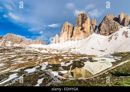 Lastron dei Scarperi o Schusterplatte, Monte Paterno o Paternkofel e Tre Cime di Lavaredo o Drei Zinnen Foto Stock