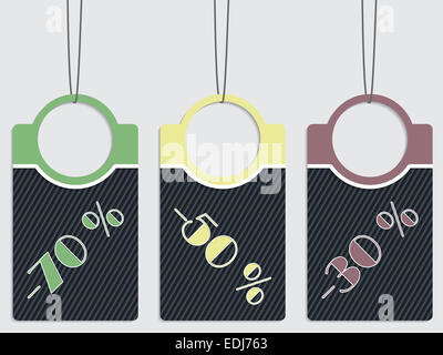 Striping etichetta sconto set di tre appeso Foto Stock