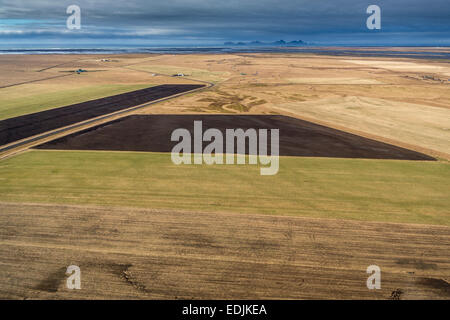 Vista aerea del terreno coltivato sulla costa sud dell'Islanda. Foto Stock