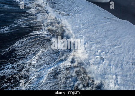 Spiaggia di sabbia nera con onde che si infrangono sulla battigia, Islanda Foto Stock