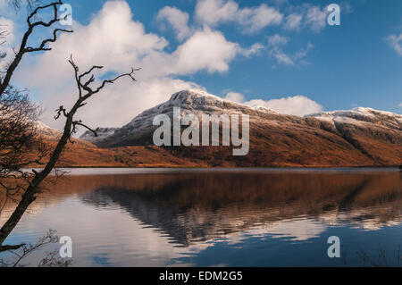 Paesaggio colpo di Beinn un Mhuindidh e Meallan Ghobhar riflettendo in Loch Maree in Wester Ross, Scozia Foto Stock