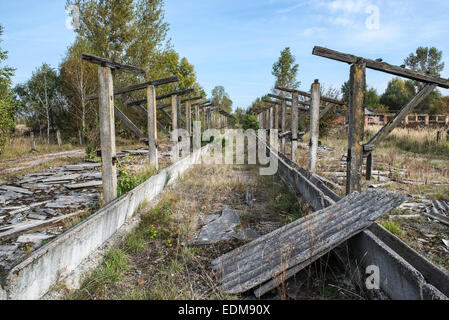 Old byre in Korohod kolkhoz village, la centrale nucleare di Cernobyl Zona di alienazione, Ucraina Foto Stock