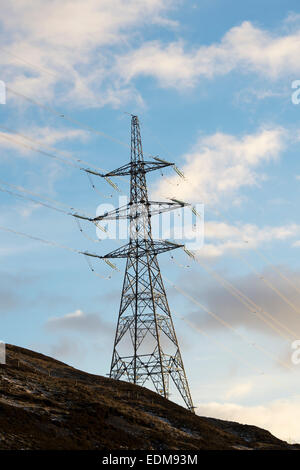 Pilone di elettricità nella luce del sole di mattina. Scottish Borders, Scozia Foto Stock