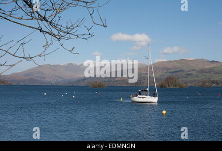 Yacht a vela al Windermere con il Fairfield Horseshoe sopra Ambleside in background Bowness Windermere Lake District Cumbria Foto Stock