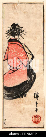 Ushiro muki oiran zu, Oiran [alta classe cortigiana].,, Utagawa Hiroshige, 1842?-1894, artista [tra il 1868 e il 1894], 1 stampa : xilografia, colore ; 21.5 x 7.1 cm., stampa mostra una vista da dietro di una donna con molti tornanti ornamentali in i suoi capelli. Foto Stock