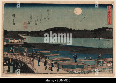 Sumida gawa no tsuki, Luna oltre il Fiume Sumida., Ando, Hiroshige, 1797-1858, artista [tra il 1844 e il 1858], 1 stampa : xilografia, colore ; 23,4 x 35,4 cm., stampa mostra una luna piena che splende su pedoni che attraversano il ponte sopra l'ingresso con barche ed edifici nelle vicinanze e il fiume Sumida e montagne sullo sfondo. Foto Stock