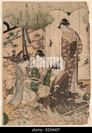 Ise monogatari, racconto di Ise., Hosoda, Eishi, 1756-1829, artista [tra il 1789 e il 1795], 1 stampa : xilografia, colore ; 35,4 x 25 cm., stampa mostra tre donne e due sedute sul pavimento e uno in piedi, una terza persona seduta sul pavimento sembra essere offerta una piccola scatola contenente due oggetti per gli altri come la donna si affaccia su; nella parte anteriore di uno dei insediato le donne sono gli articoli di abbigliamento. Eventualmente destinato a rappresentare una scena di uno dei racconti di ise monogatari. Foto Stock