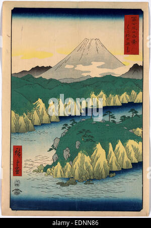 Hakone no kosui, il lago in Hakone., Ando, Hiroshige, 1797-1858, artista 1858., 1 stampa : xilografia, colore ; 36 x 24.7 cm., stampa mostra le ripide scogliere e formazioni rocciose in Lago di Hakone, con una vista del Monte Fuji in background. Foto Stock