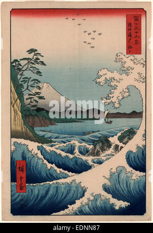 Suruga Satta no kaijo, mare a Satta nella provincia di Suruga., Ando, Hiroshige, 1797-1858, artista [Tokyo] : Tsuta-ya Kichizo, 1858., 1 stampa : xilografia, colore ; 35,9 x 24,5 cm., stampa giapponese mostra una vista del Monte Fuji da Satta punto nel Suruga Bay, con le onde che si infrangono in primo piano. Foto Stock