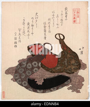 Edo musashi abumi, Edo Musashi staffa sella.,, Totoya Hokkei, 1780-1850, artista [tra il 1818 e il 1830], 1 stampa : xilografia, colore ; 20,8 x 18,5 cm., stampa mostra una sella e staffe. Foto Stock