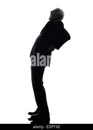 Un Caucasian Senior Business Man mal di schiena dolore silhouette sullo sfondo bianco Foto Stock