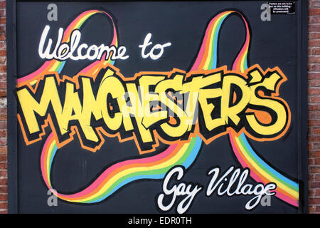 Benvenuti a Manchester il Villaggio Gay segno Foto Stock