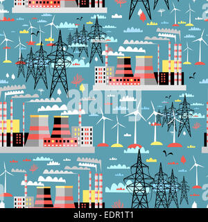 Un grafico a colori del modello termico e di impianti di energia eolica e linee di alimentazione su uno sfondo blu Foto Stock