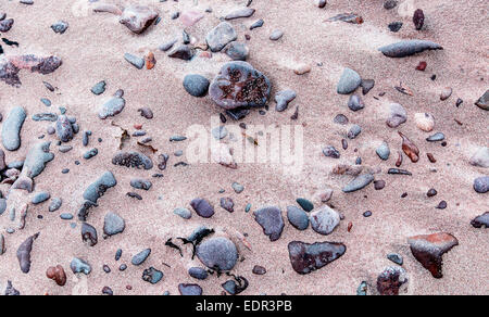 Pietre sulla spiaggia Achnahaird Bay nei pressi di Achiltibuie Ross and Cromarty Scotland Regno Unito Foto Stock