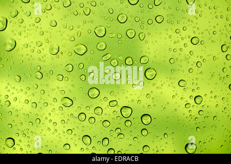 Gocce d'acqua sul vetro verde dello sfondo del cielo. Foto Stock