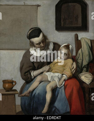 Il bambino malato, Gabriël Metsu, c. 1664 - c. 1666 Foto Stock