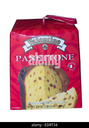 Scatola di presentazione del panettone italiano da Valentino isolato su uno sfondo bianco. Foto Stock