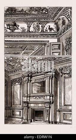 Un vecchio London Mansion, 'COWFIELDS", 30 Old Burlington Street, UK, 1886: soffitti dipinti al disegno di camere, MANTELPIECE Foto Stock