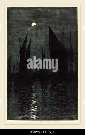 Henri-Charles Guérard (Francese, 1846-1897), al chiaro di Luna nel Porto di Dieppe, c. 1885, il colore di attacco e acquatinta su carta vergata Foto Stock