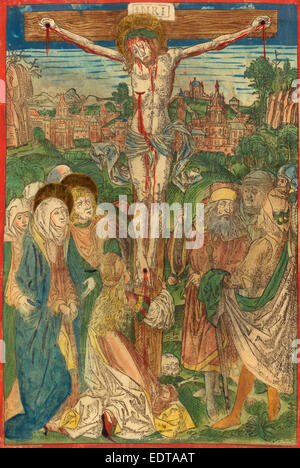 Attribuito a Michael Wolgemut (tedesco, 1434 - 1519), la Crocifissione con Santa Maria Maddalena, c. 1490, colorate a mano la xilografia Foto Stock
