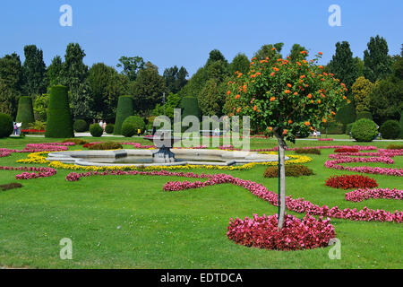 Fiori in fiore e una fontana nel giardino del Palazzo Schönbrunn, Vienna, Austria Foto Stock