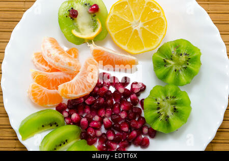 Fette di arance, limoni, kiwi e melograno su una piastra Foto Stock