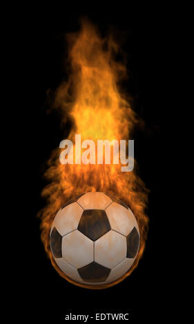 3D render di pallone da calcio in fiamma su sfondo nero Foto Stock