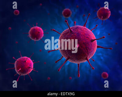 3D render di cellule di virus su un astratto sfondo blu Foto Stock