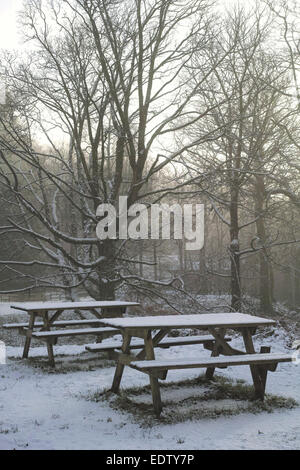 In inverno, panchine e tavoli di legno coperto di neve in Cumbria, Inghilterra Foto Stock