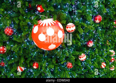 Sfera rossa e lampadina della luce erano decorate sul pino il giorno di Natale in Thailandia Foto Stock