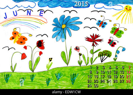 Disegno con farfalle e fiori e calendario di giugno Foto Stock