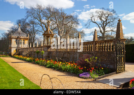 La molla tulipani e gazebo in pietra nei confini di Montacute House, Nr Yeovil Somerset, Inghilterra, Regno Unito Foto Stock