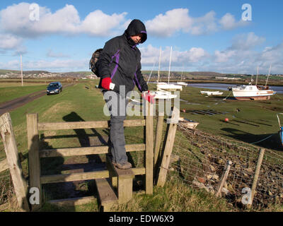 Donna arrampicarsi su una tavola di legno stile lungo la costa sud-ovest percorso, accanto al fiume Caen, Braunton, Devon, Regno Unito Foto Stock