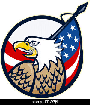 Illustrazione di un American aquila calva cercando di lato con stelle e strisce flag impostato all'interno del cerchio fatto in stile retrò. Foto Stock