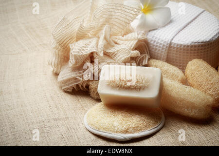 La speciale sapone scrub su spa impostato per una pelle sana Foto Stock