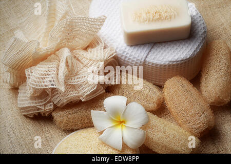 La speciale sapone scrub su spa impostato per una pelle sana Foto Stock