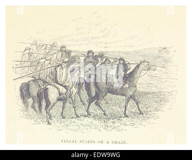Un'illustrazione del 1879 di Blunt intitolata *Tellal inizia su un Ghazu*, probabilmente raffigurante una scena militare o storica legata al Ghazu, una forma di guerra di razziamento. L'opera d'arte ritrae l'inizio di questo tipo di raid in un contesto storico. Foto Stock