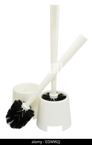 Bianco e nero spazzole wc isolato su bianco. Foto Stock