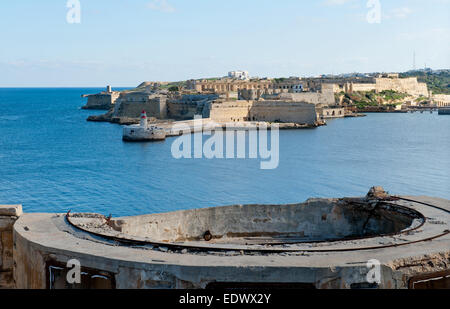 Vista da Fort St Elmo al Ricasoli Grand Harbor East frangiflutti e faro rosso Foto Stock