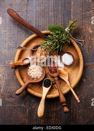 Diversi tipi di alimenti sale grosso in cucchiai di legno su sfondo scuro Foto Stock