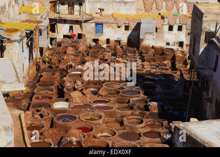 Fez, Fes, concerie tradizionali con tini morente, Il Chouwara, Chouara, Conceria, Città Vecchia Medina di Fez el Bali, Marocco, Magreb Foto Stock