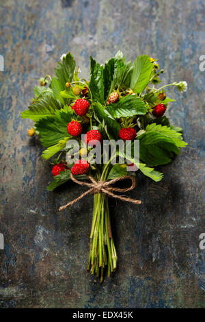 Fresche fragole selvatiche su sfondo di legno - estate, mangiare sano concetto Foto Stock