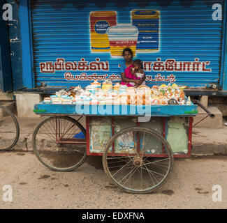 THANJAVOUR, India - 14 febbraio: una donna non identificato tenendo un bambino e seduto dietro il bancone con negozio di souvenir. India, Tami Foto Stock