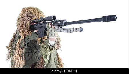 Army Sniper indossando un Ghillie Suit Foto Stock