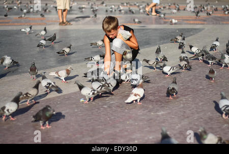 Ragazzo giovane alimentare piccioni in Plaça Catalunya, a Barcellona in estate nel pomeriggio. Foto Stock