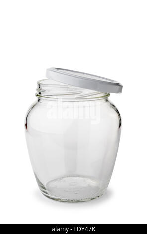 Un paunchy aprire svuotare il vasetto di vetro con coperchio isolato su sfondo bianco Foto Stock