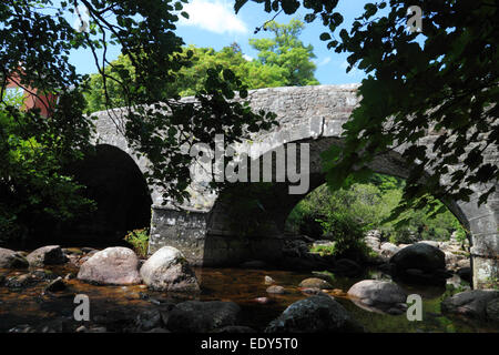 Un edificio del XVIII secolo di pietra grigia ponte su un marrone flusso di brughiera disseminato di massi di granito. Foto Stock